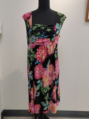 NY Collection Black Midi Dress with Pink Floral Print